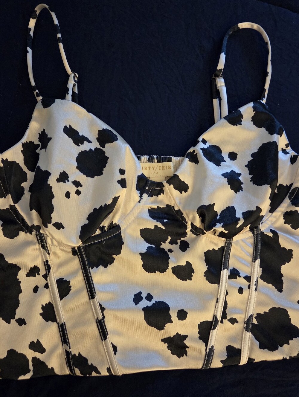 Thirty/Thirty LA Black & White Cow Print Satin Corset Crop Top – Size Large